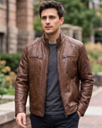 "Merlin" Men's Leather Jacket - Copper Brown - Mishnóc