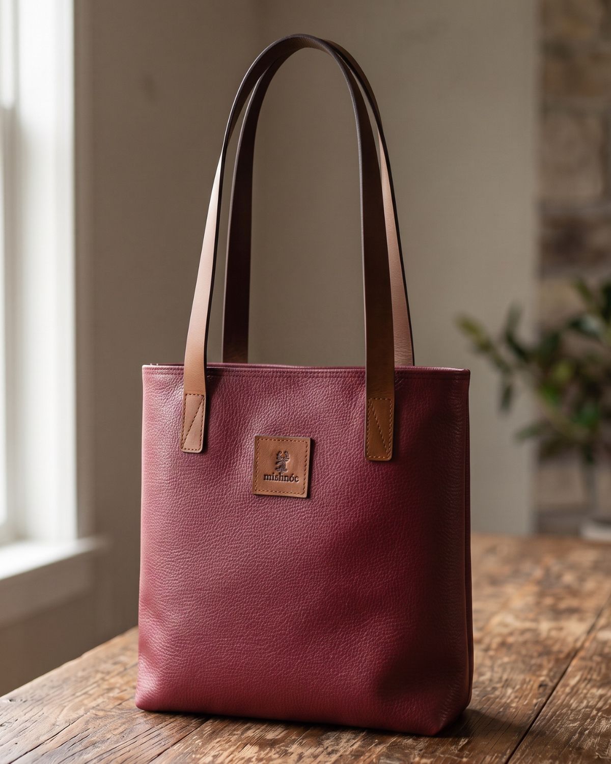 Sonas Leather Tote Bag - Burgundy - Mishnóc
