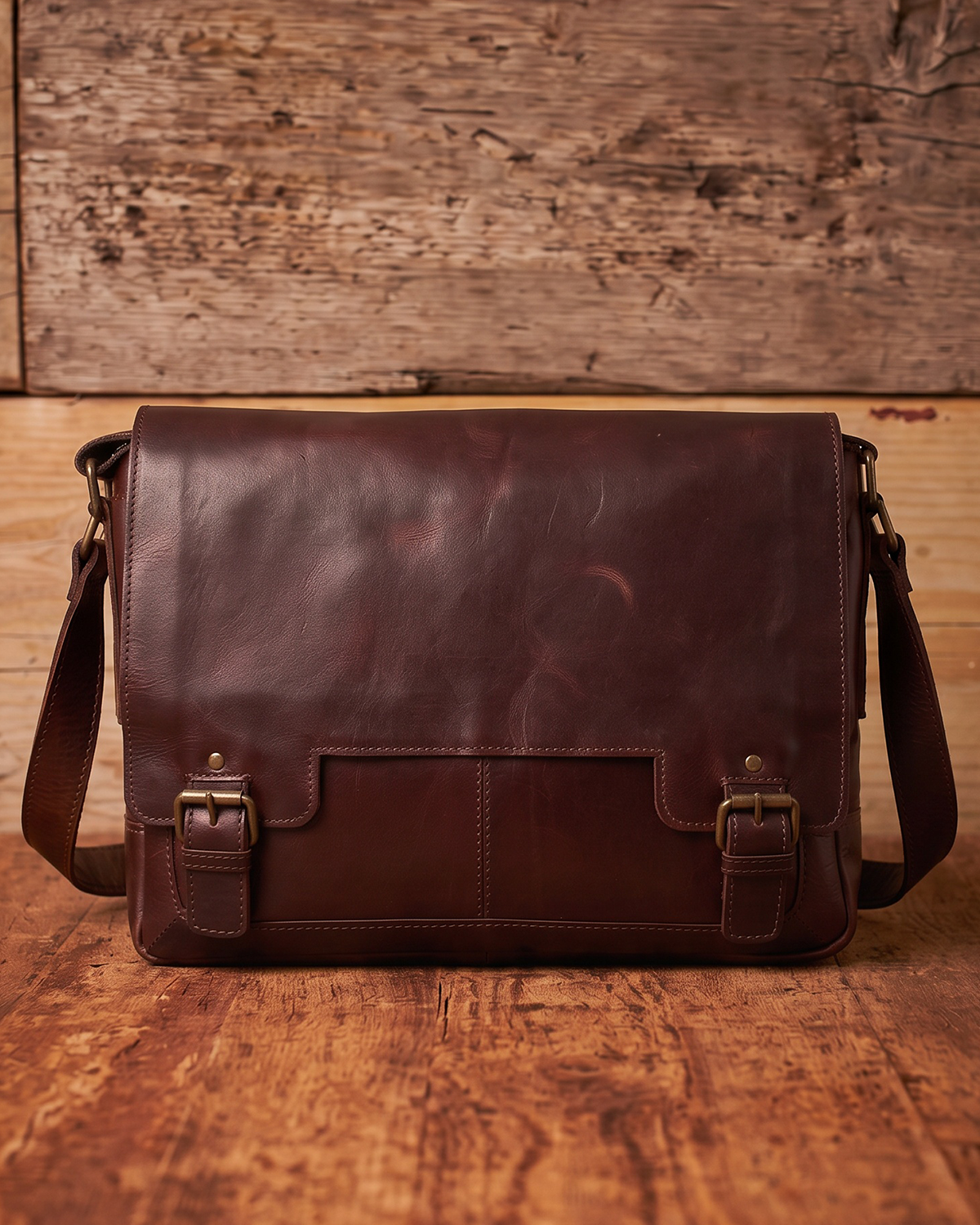 A dark brown leather messenger bag with two buckle straps on the front flap, resting on a rustic wooden surface against a weathered wood plank background.