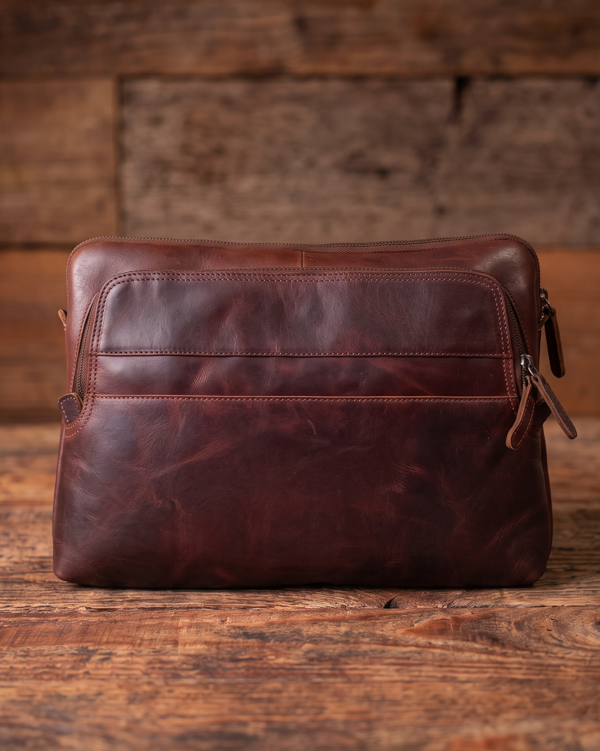 A dark brown distressed leather pouch bag with a front zippered pocket, resting on a rustic wooden surface with a matching wooden plank background.