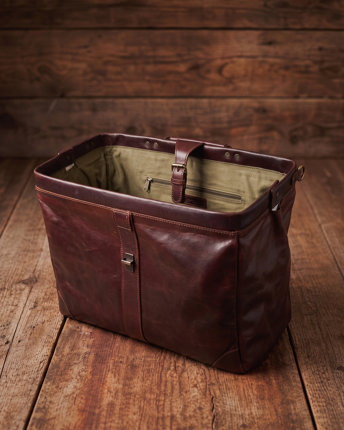 A dark reddish-brown leather doctors style weekender bag with a zippered interior and olive green lining, detachable strap. displayed on a rustic wooden plank floor against a matching wood plank background.