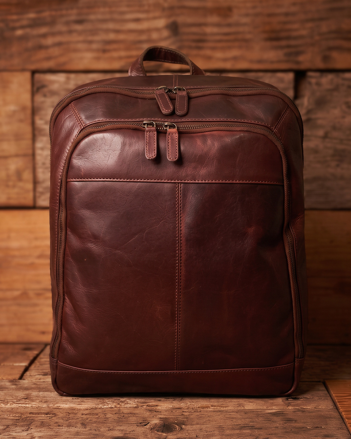 A dark brown leather backpack standing upright against a rustic wooden plank background.