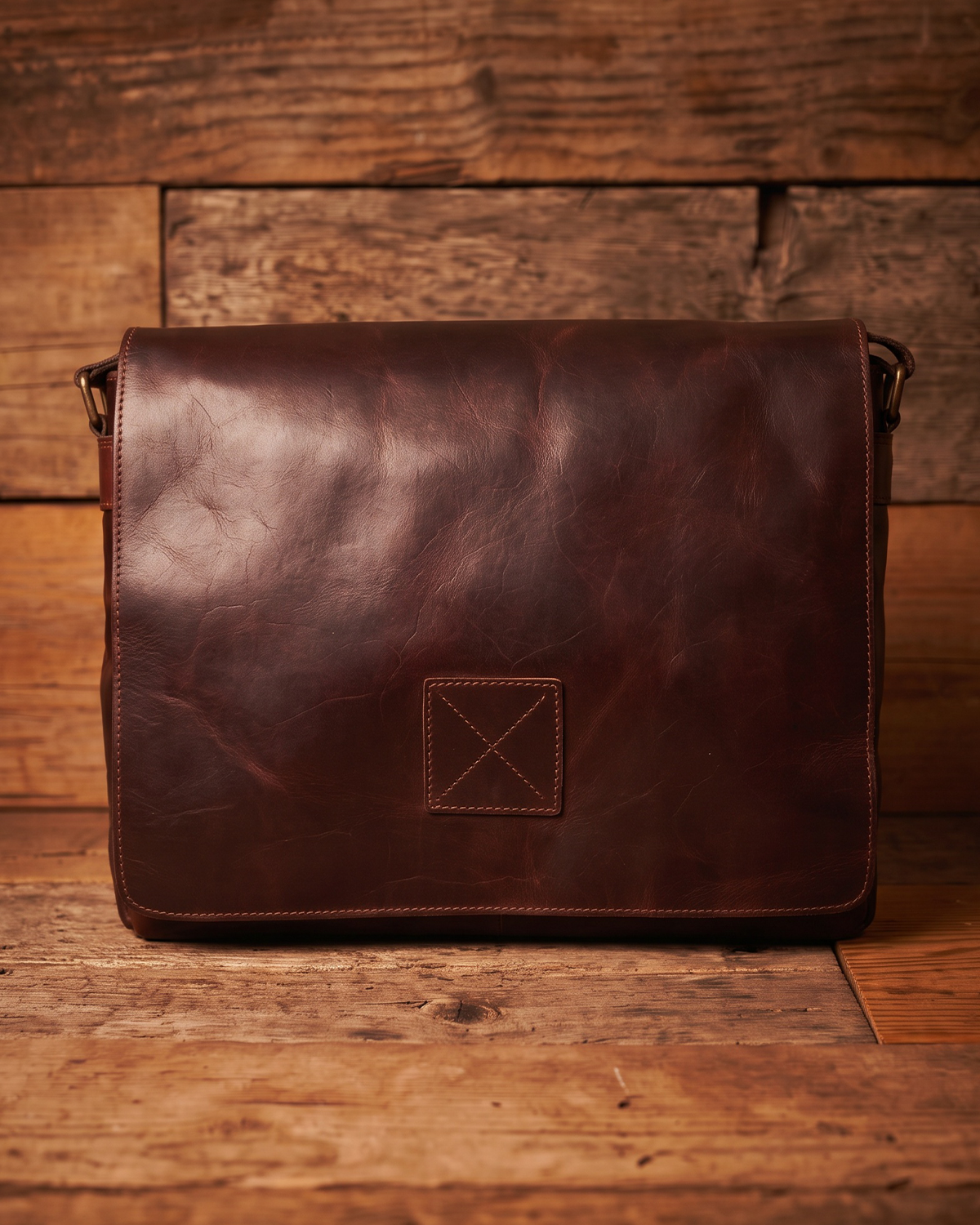 A dark brown leather messenger bag with a distressed finish, featuring a square stitched patch on the front, set against a rustic wooden plank background.
