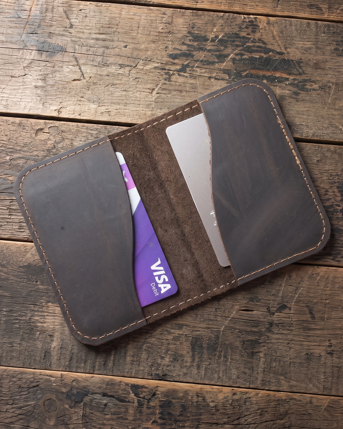 Distressed Leather Card Holder Bifold -TAN- - Mishnóc
