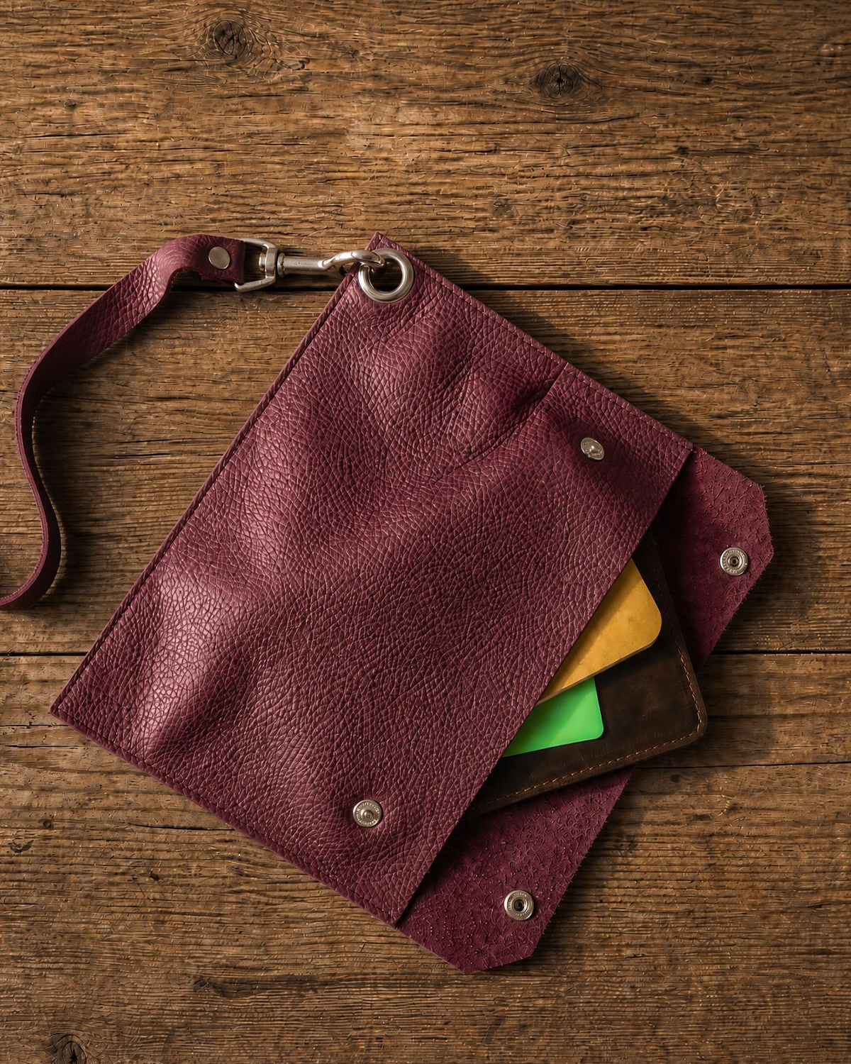A burgundy textured leather wristlet pouch with a metal clasp and strap, shown open on a rustic wooden background with cards partially visible inside.