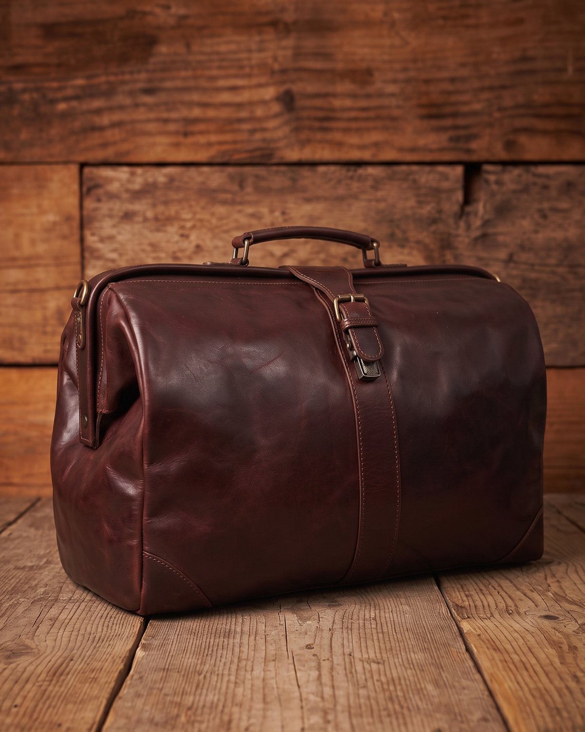 A dark reddish-brown doctors bag style vintage tan leather duffel bag with a top handle and buckle strap closure, set against a rustic wooden plank background.