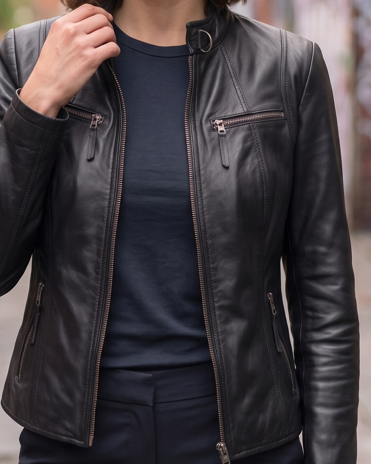 1847 black lamb nappa polish leather jacket with zipper, zipped pockets