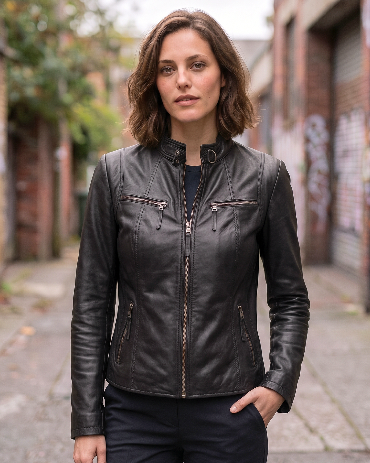 1847 black lamb nappa polish leather jacket with zipper, zipped pockets