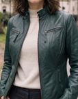 1847 dark green lamb nappa polish leather jacket with zipper, zipped pockets