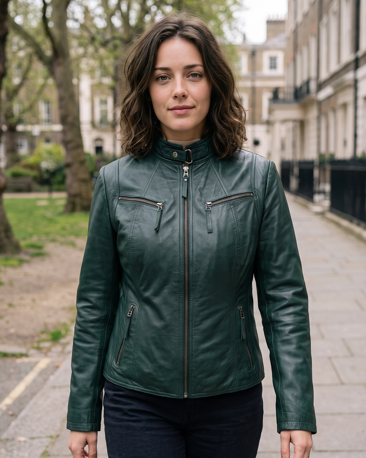 1847 dark green lamb nappa polish leather jacket with zipper, zipped pockets