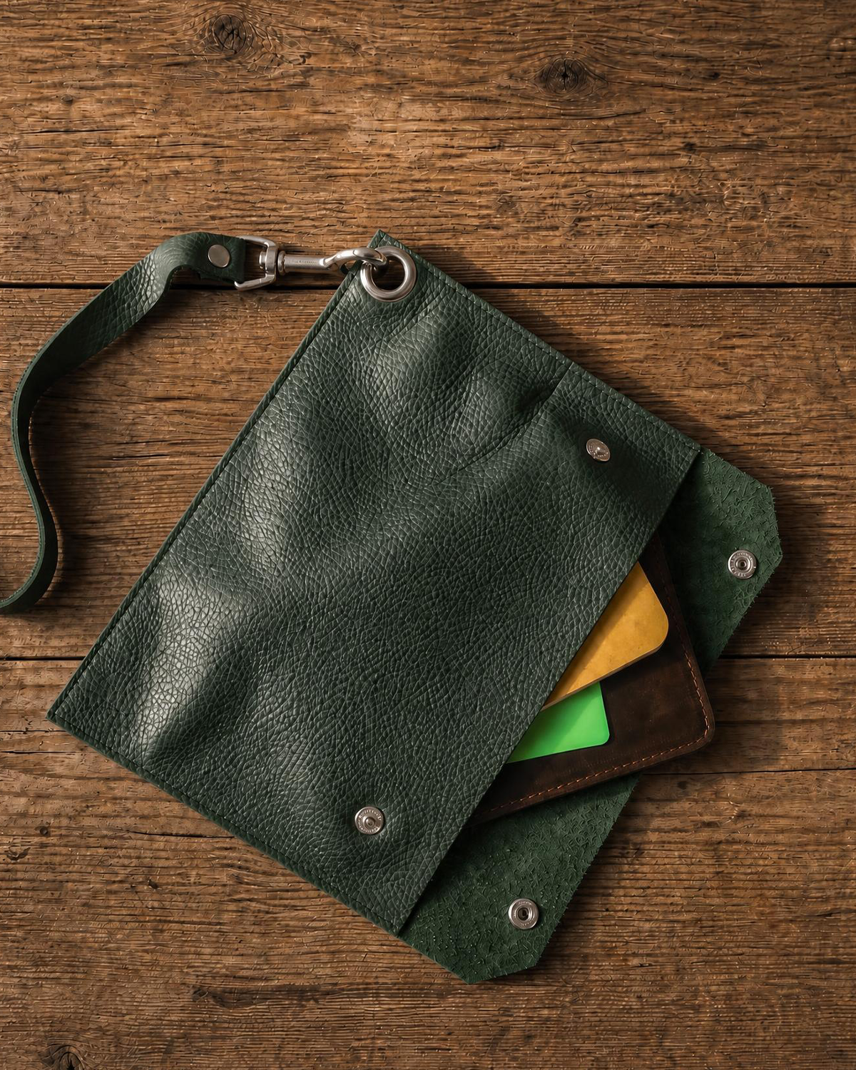 A dark green textured leather wristlet pouch with a metal clasp and strap, shown open on a rustic wooden surface with cards partially visible inside.