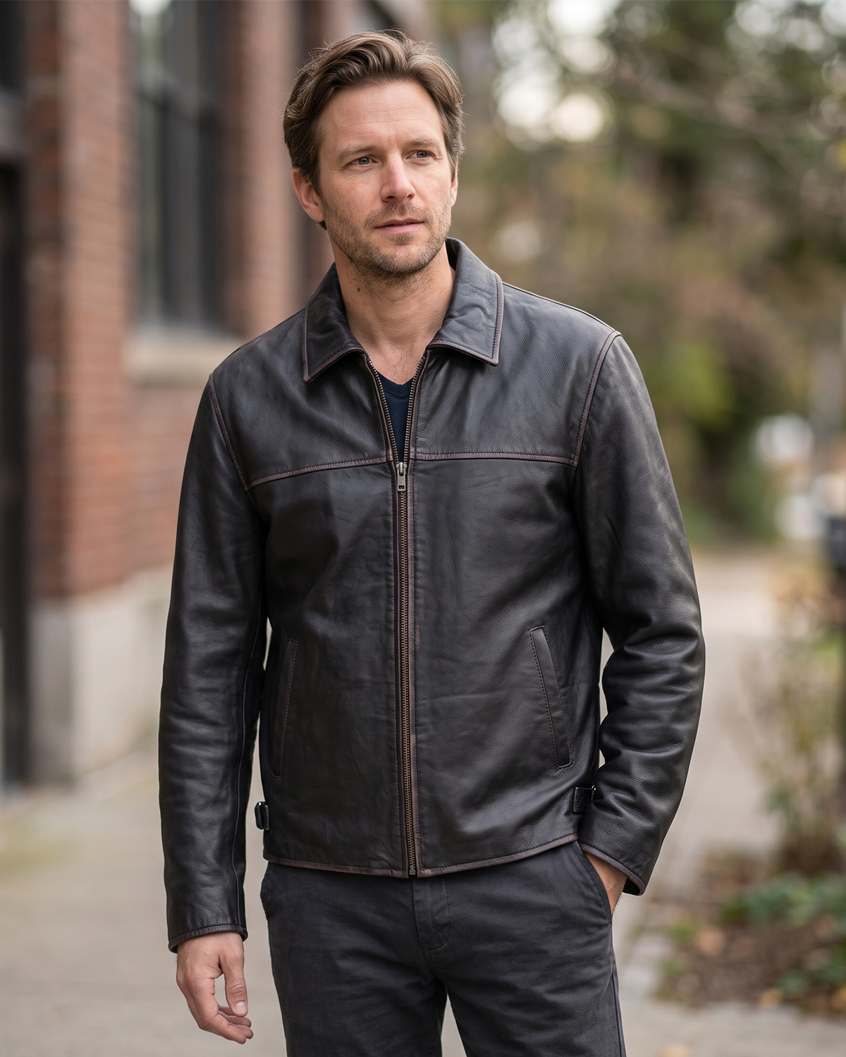 1847 black rubed off goat leather leather jacket with collar, zipped pockets and an adjustable waist cinch strap