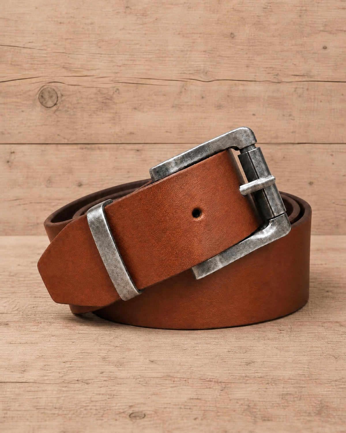 jeans belt made of full grain vegetal leather in chestnut brown tan colour with roller style metal buckle on a rustic wooden table