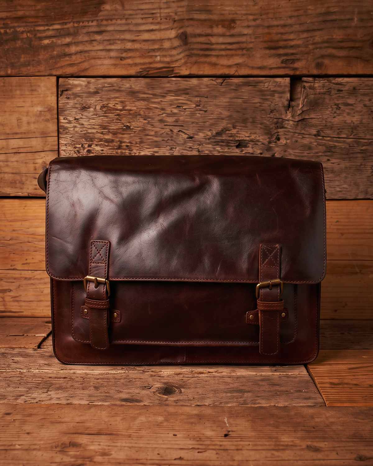A dark brown leather satchel or laptop messenger bag with brass-tone buckles, displayed on a rustic wooden plank surface against a matching wood plank background.