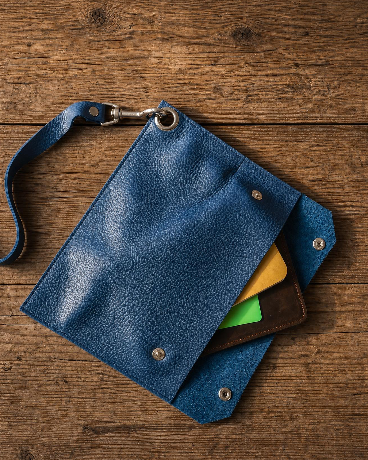 A blue textured leather pouch with a matching wrist strap and silver-tone hardware, shown open on a rustic wooden surface. Card slots reveal yellow, green, and brown cards.