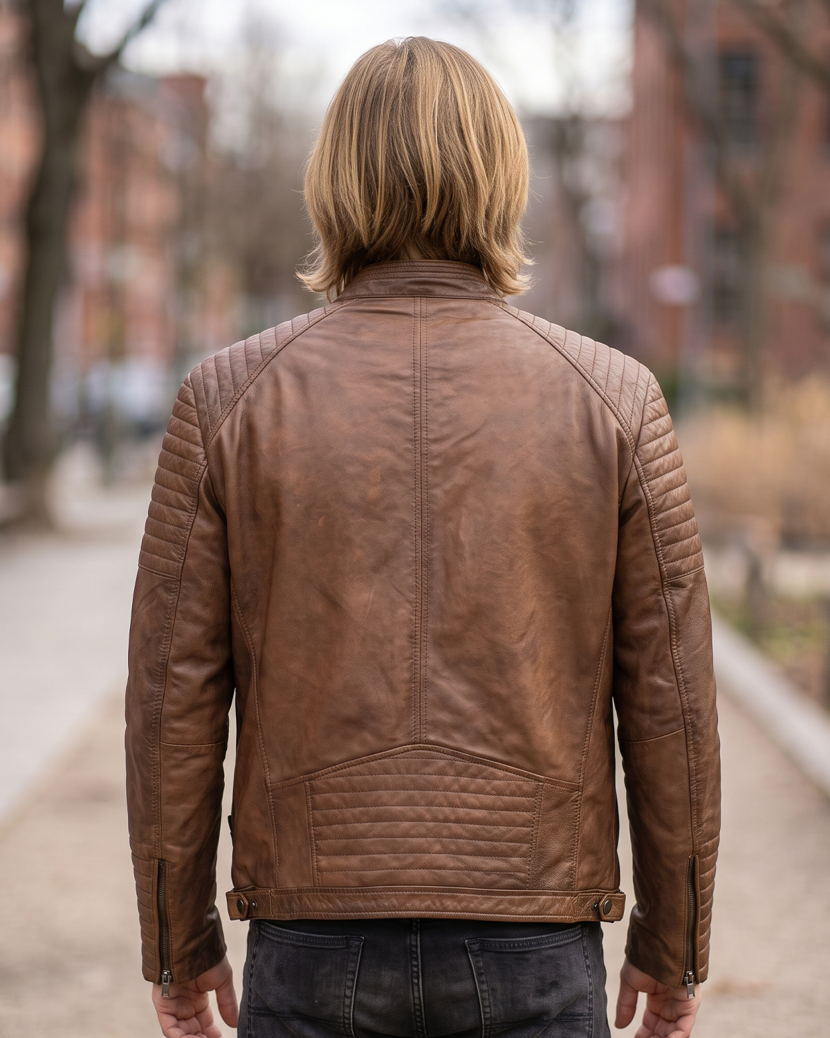 1847 copper brown lamb nappa polish leather jacket with patterned shoulders, zipped pockets and an adjustable waist cinch strap
