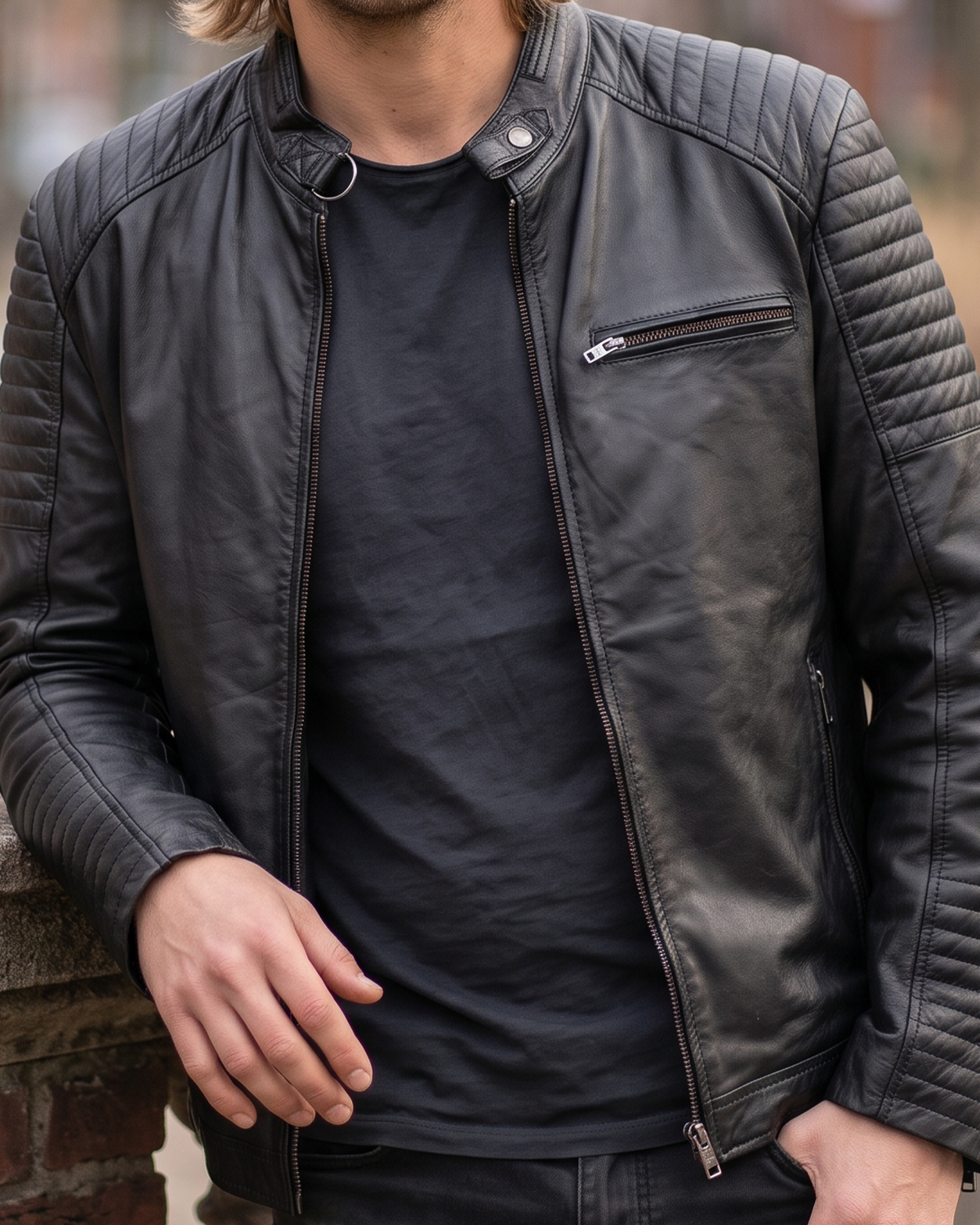 1847 black lamb nappa polish leather jacket with patterned shoulders, zipped pockets and an adjustable waist cinch strap