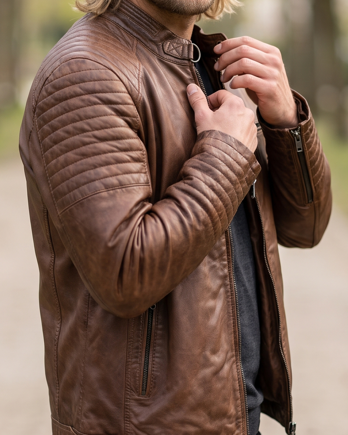 1847 copper brown lamb nappa polish leather jacket with patterned shoulders, zipped pockets and an adjustable waist cinch strap