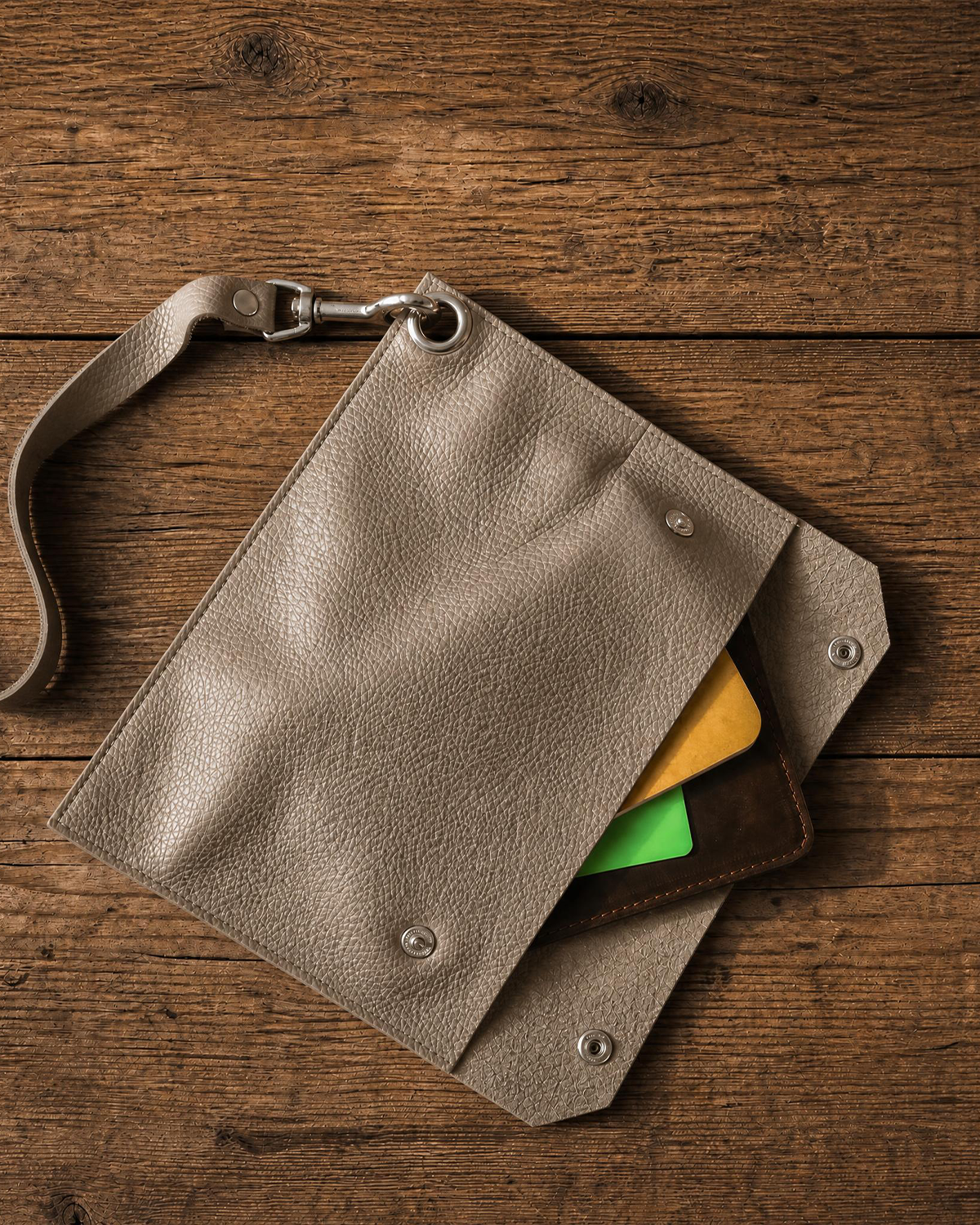A textured leather pouch in a taupe-beige color, shown from a top-down view on a rustic wooden background. The pouch has a matching leather strap with a silver metal clasp, snap buttons, and is shown holding yellow and green card-like inserts.